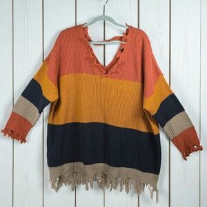 Rue+ Striped Sweater Plus Size Woman 3X V Neck Distressed Hem Knit Pullover